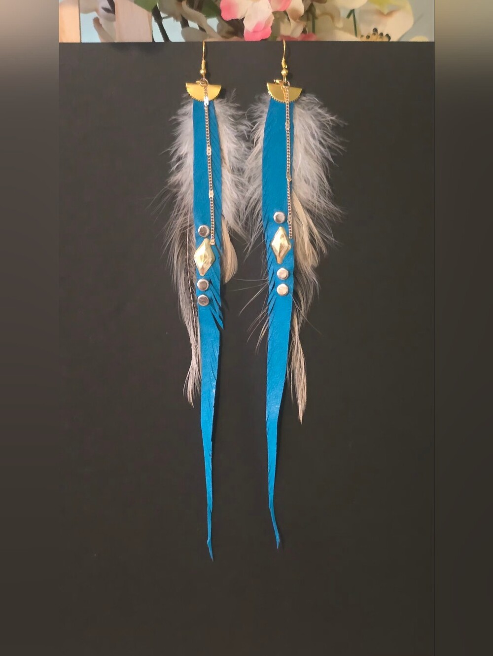 New Feather Blue Leather stud earrings handmade nativemade jewelry boho western